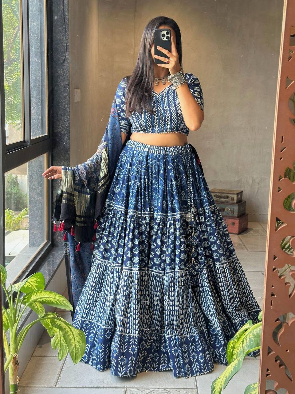 Blue Printed Rayon Lehenga Choli with 4-Mtr Flair